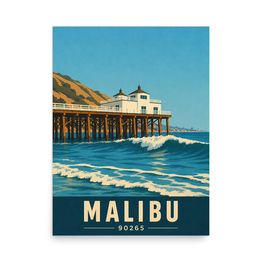 Malibu oceanfront pier and waves poster with 90265 zip code