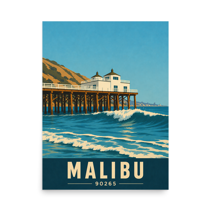 Malibu oceanfront pier and waves poster with 90265 zip code