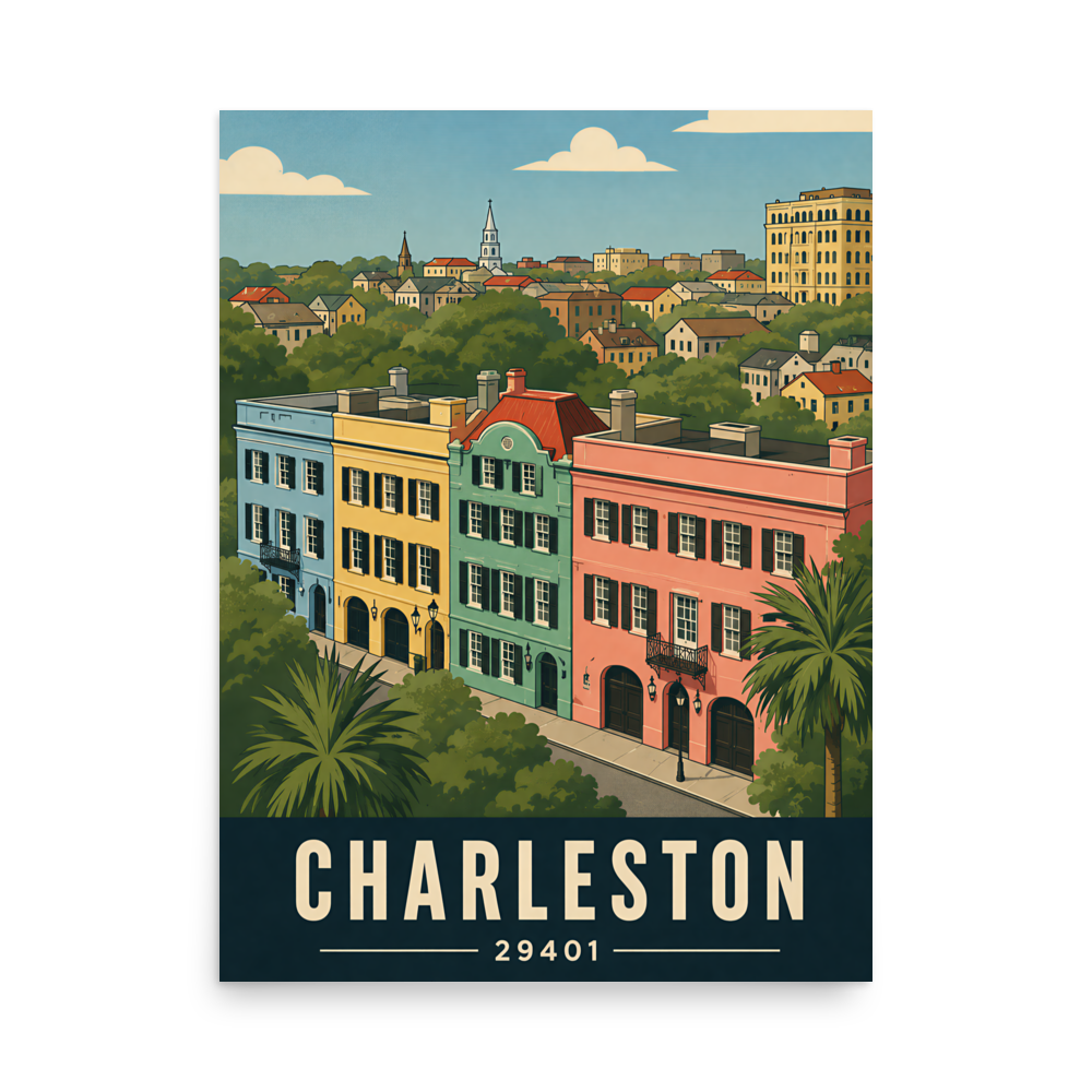 Rainbow Row Charleston historic homes poster with 29401 zip code