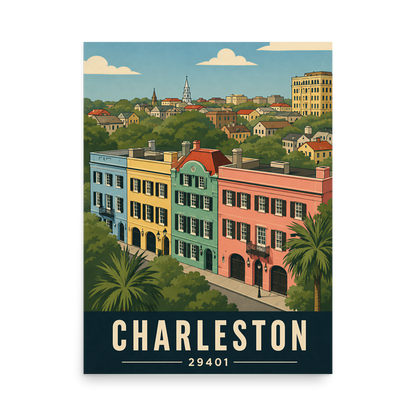 Rainbow Row Charleston historic homes poster with 29401 zip code
