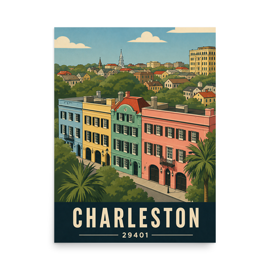 Rainbow Row Charleston historic homes poster with 29401 zip code