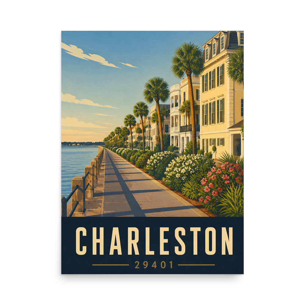 Charleston The Battery waterfront promenade poster with 29401 zip code