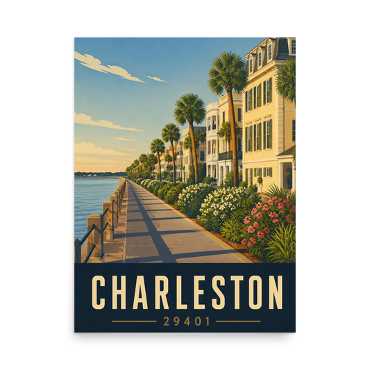 Charleston The Battery waterfront promenade poster with 29401 zip code