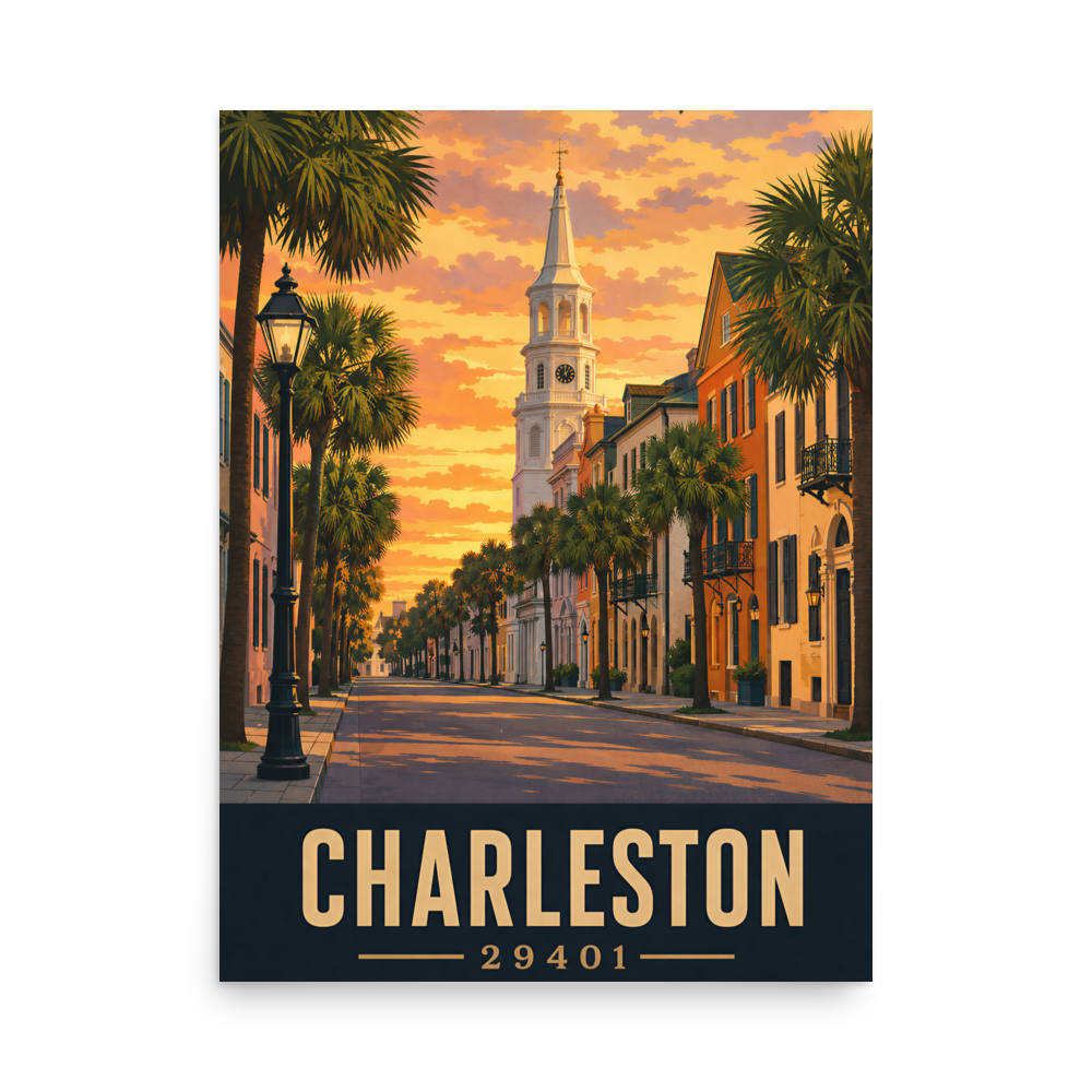 Charleston St. Michael's Church steeple sunset poster with 29401 zip code