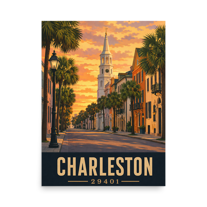 Charleston St. Michael's Church steeple sunset poster with 29401 zip code