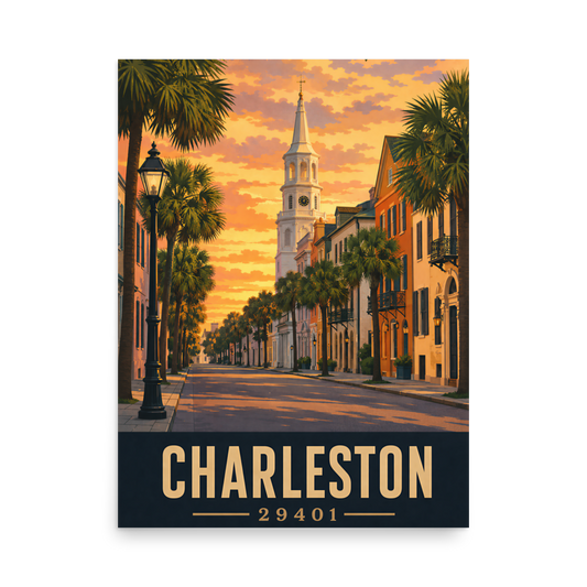 Charleston St. Michael's Church steeple sunset poster with 29401 zip code