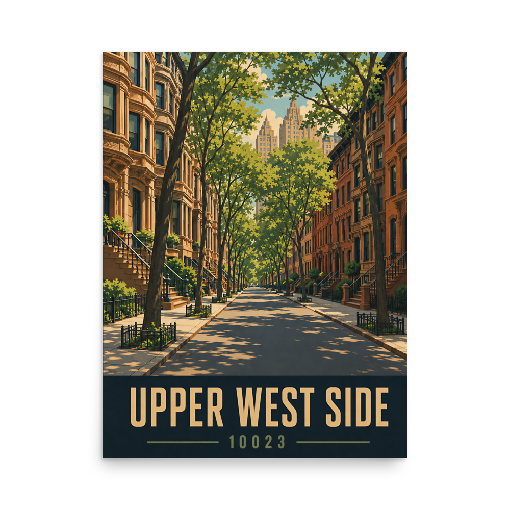 Upper West Side brownstone street poster with 10023 zip code, retro NYC wall art