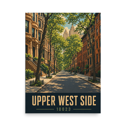 Upper West Side brownstone street poster with 10023 zip code, retro NYC wall art