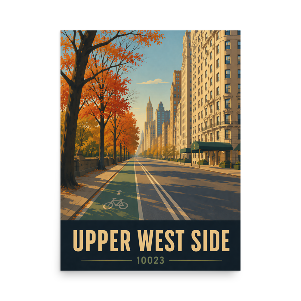 Central Park West autumn poster with 10023 zip code, retro NYC wall art