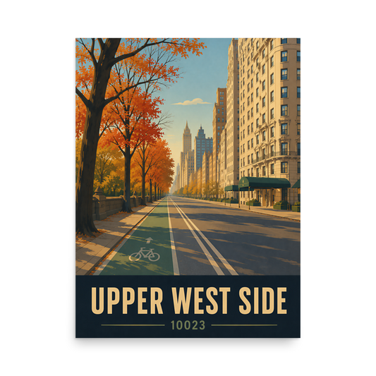 Central Park West autumn poster with 10023 zip code, retro NYC wall art