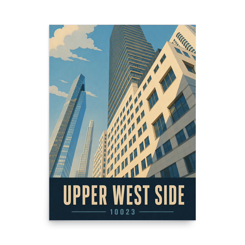 Upper West Side poster with Manhattan glass skyscraper view and 10023 zip code