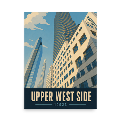 Upper West Side poster with Manhattan glass skyscraper view and 10023 zip code