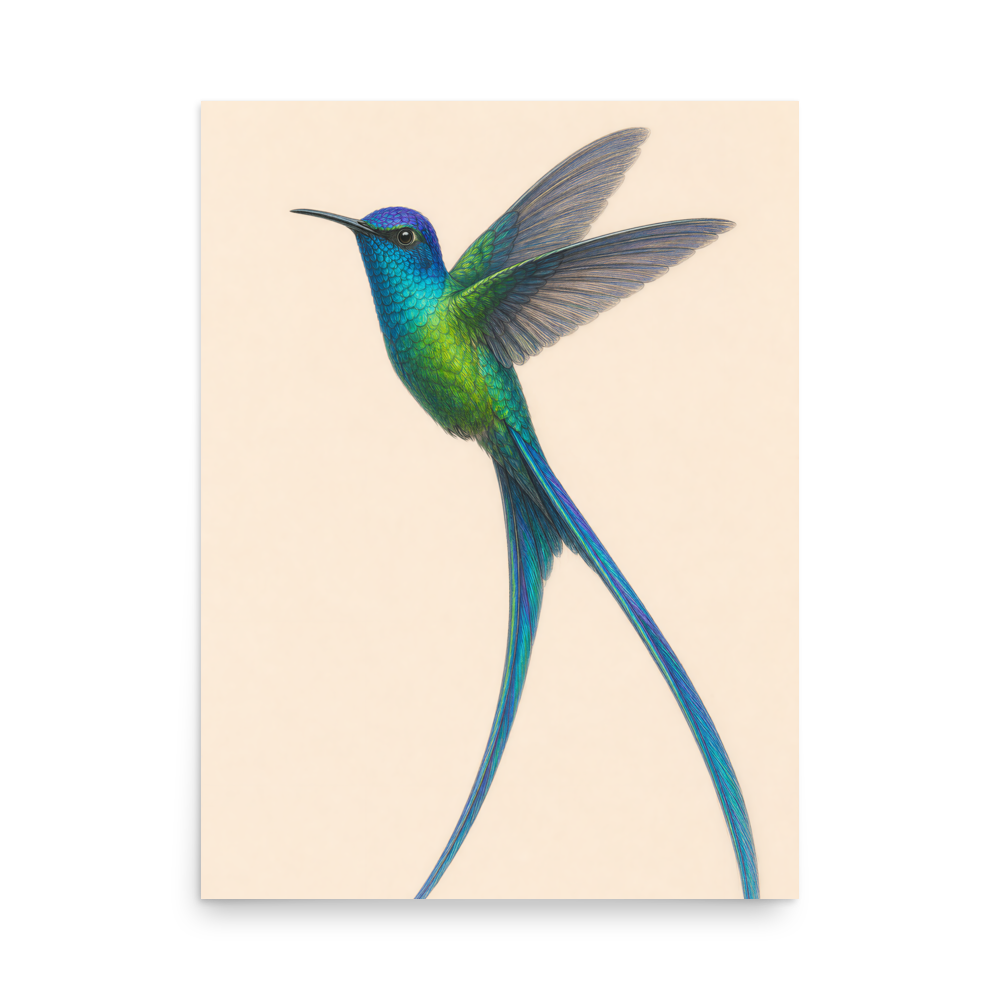 Long-tailed Sylph hummingbird colored pencil illustration print, teal iridescent plumage on warm cream background wall art