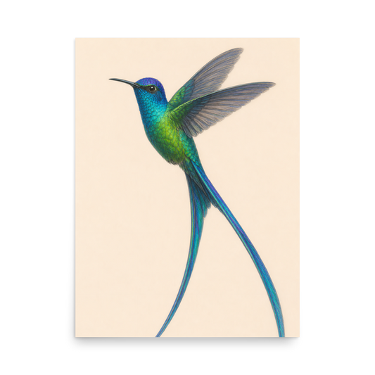 Long-tailed Sylph hummingbird colored pencil illustration print, teal iridescent plumage on warm cream background wall art
