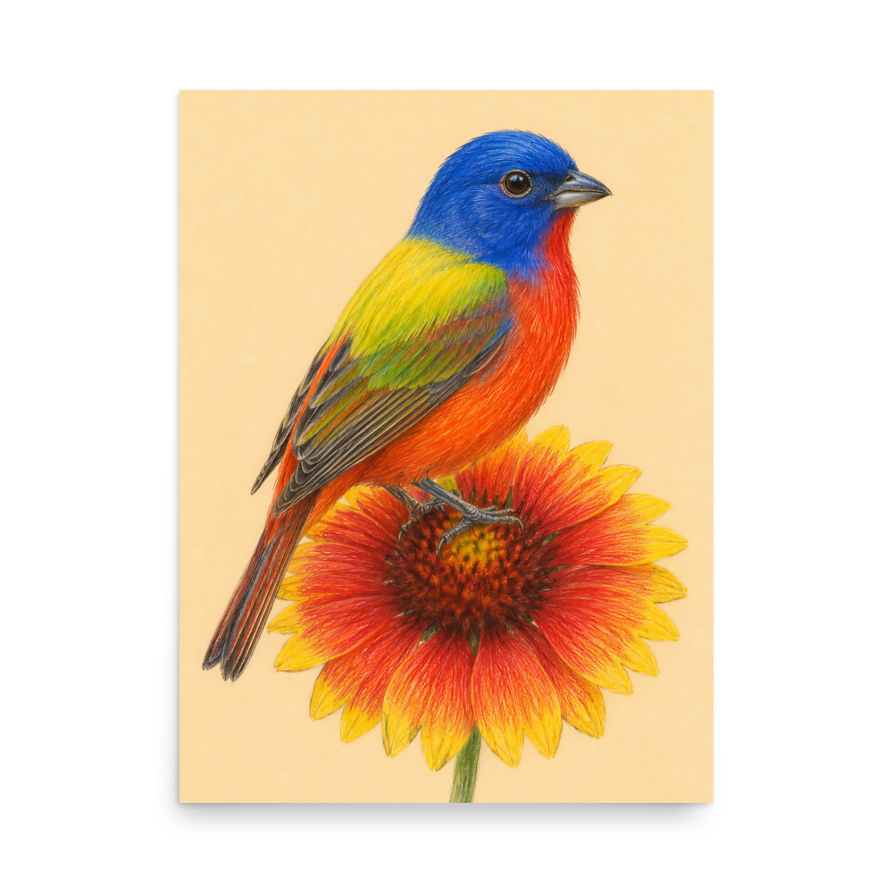 Painted Bunting colored pencil illustration on Indian Blanket flower, sandy cream background wall art