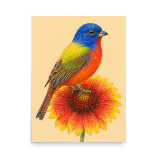Painted Bunting colored pencil illustration on Indian Blanket flower, sandy cream background wall art