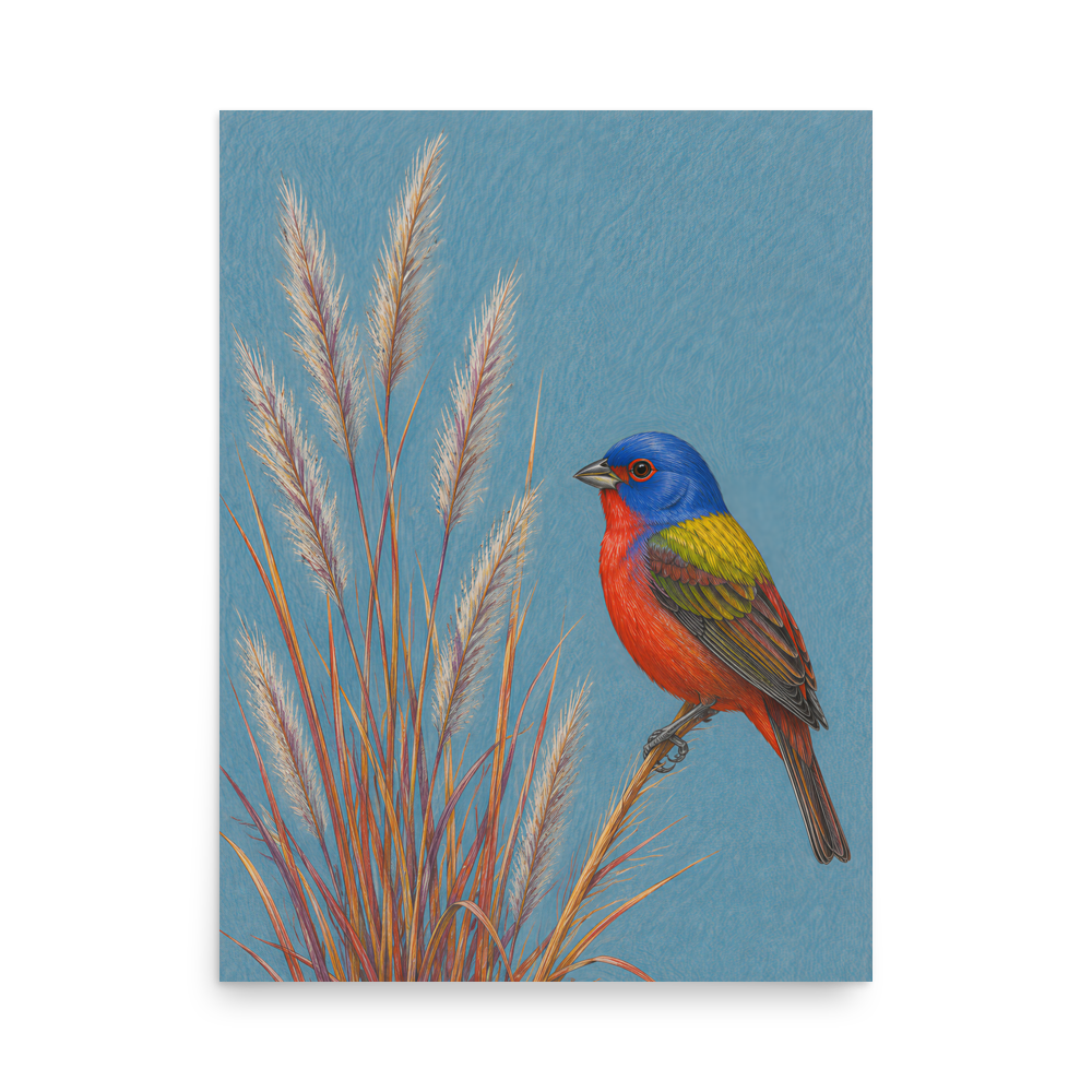 Painted Bunting colored pencil illustration in prairie grass, dusty blue background wall art