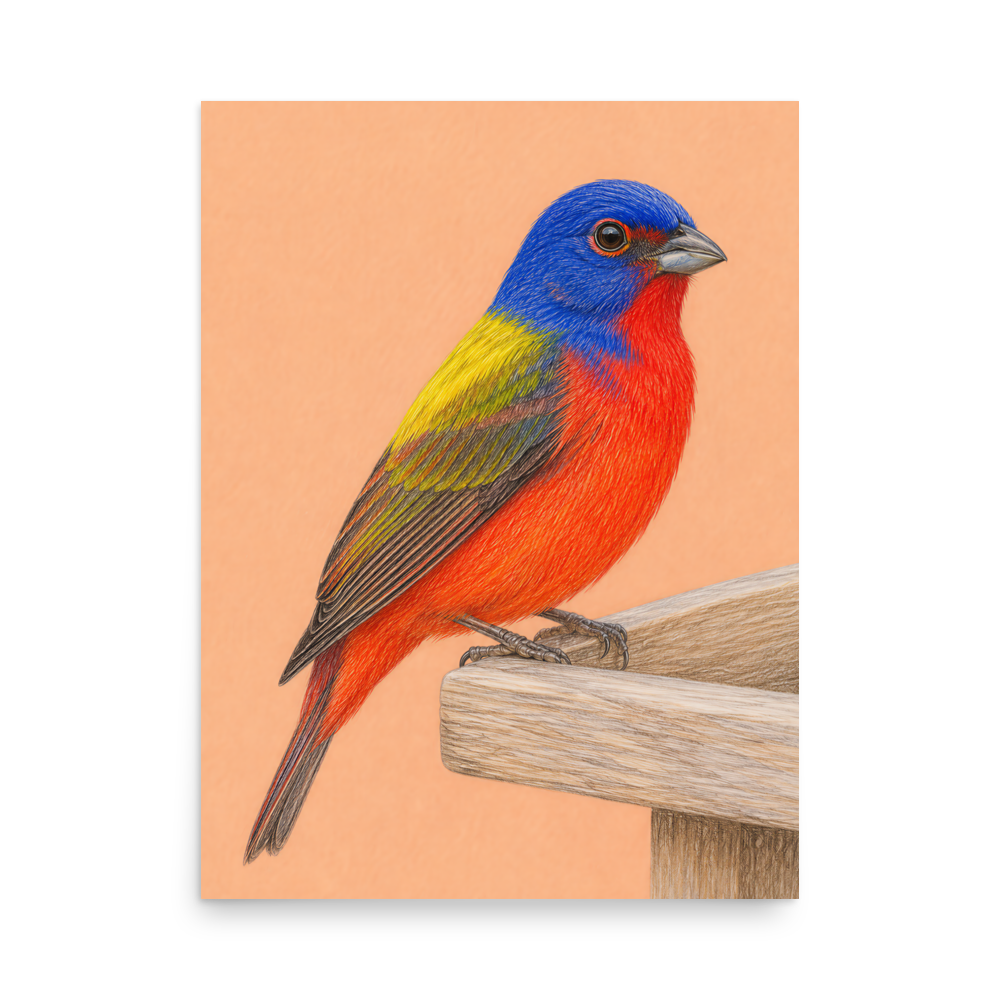 Painted Bunting colored pencil illustration on wooden feeder, apricot pastel background wall art