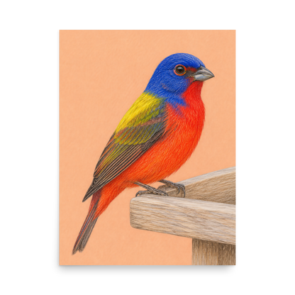 Painted Bunting colored pencil illustration on wooden feeder, apricot pastel background wall art