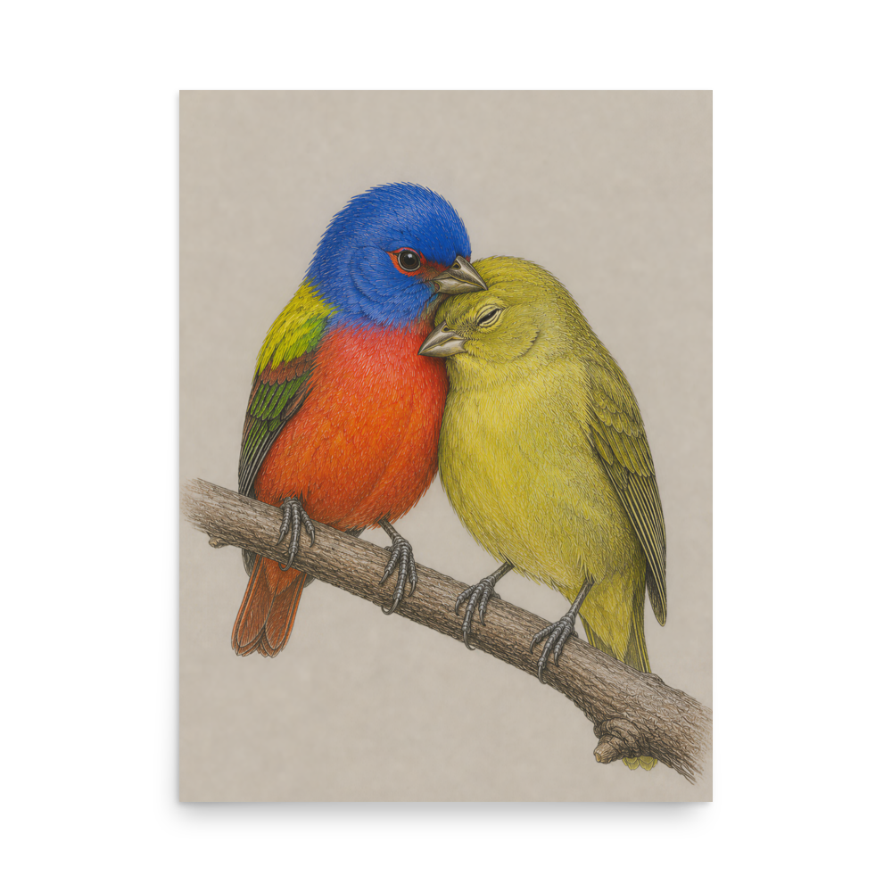 Male and female Painted Bunting pair colored pencil illustration on neutral background wall art