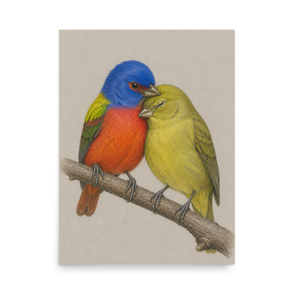Male and female Painted Bunting pair colored pencil illustration on neutral background wall art