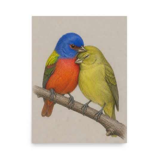 Male and female Painted Bunting pair colored pencil illustration on neutral background wall art