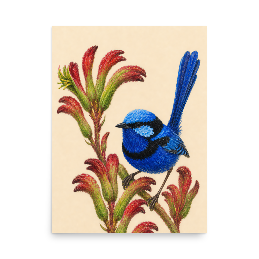 Splendid Fairywren blue wren colored pencil illustration on Kangaroo Paw flowers, warm cream background