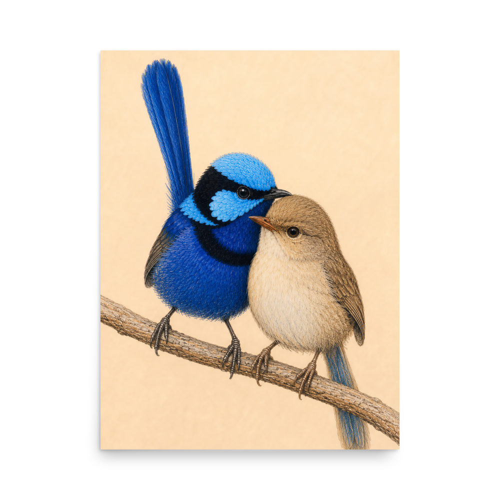 Male and female Splendid Fairywren blue wren pair colored pencil illustration on warm background