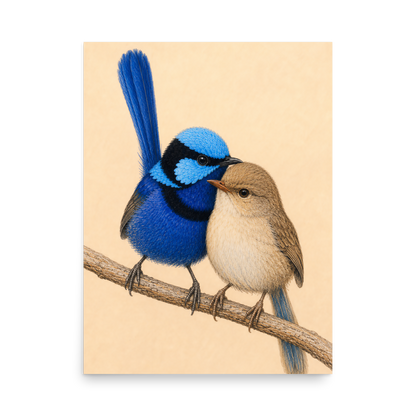 Male and female Splendid Fairywren blue wren pair colored pencil illustration on warm background