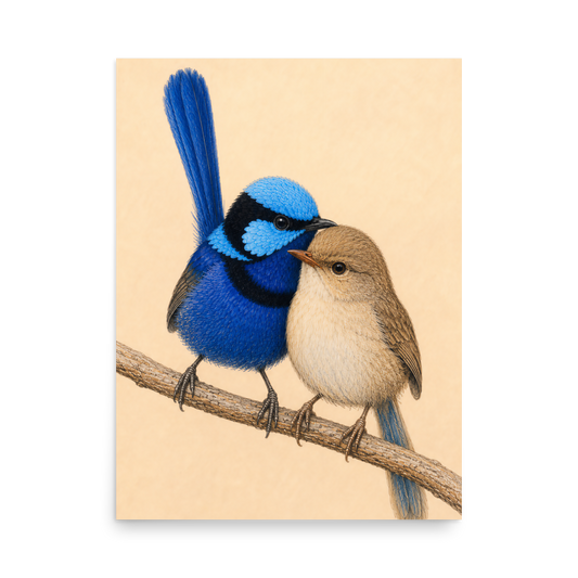 Male and female Splendid Fairywren blue wren pair colored pencil illustration on warm background