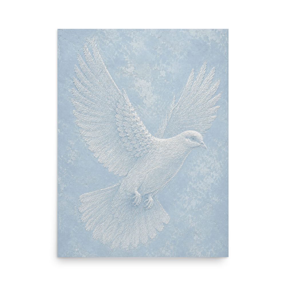 Peace dove print with embossed relief-look design on dusty blue textured background