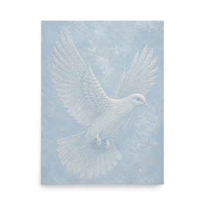Peace dove print with embossed relief-look design on dusty blue textured background