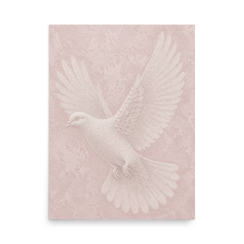 Peace dove print with embossed relief-look design on blush pink textured background