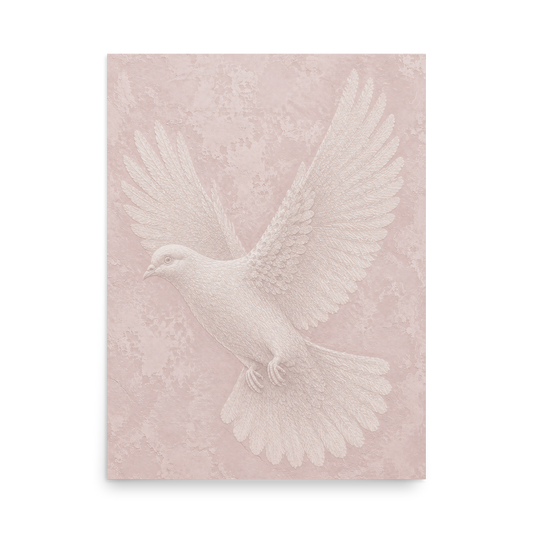Peace dove print with embossed relief-look design on blush pink textured background
