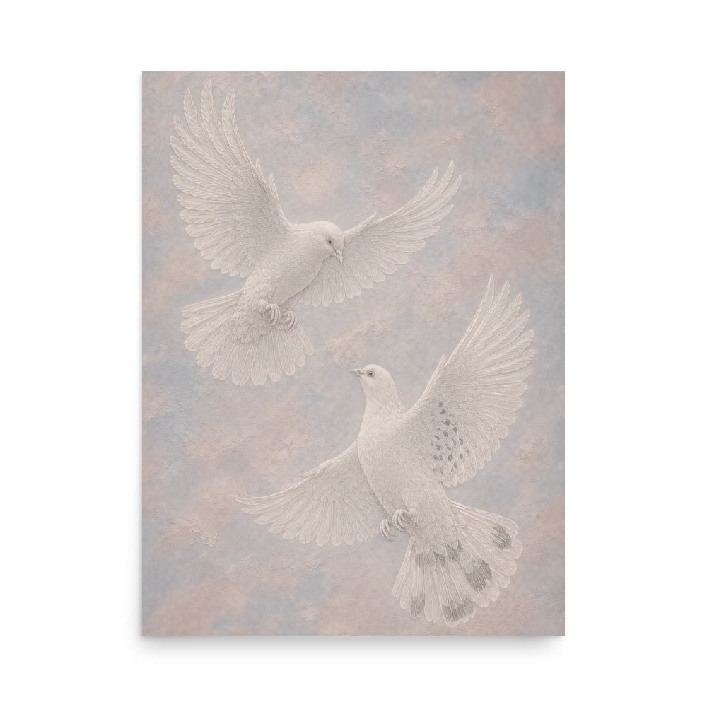 Two peace doves print with embossed relief-look design on dusty blue and blush textured background