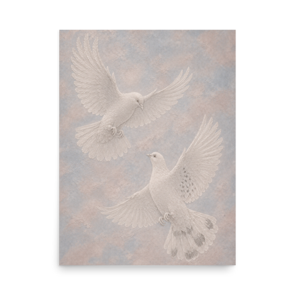 Two peace doves print with embossed relief-look design on dusty blue and blush textured background