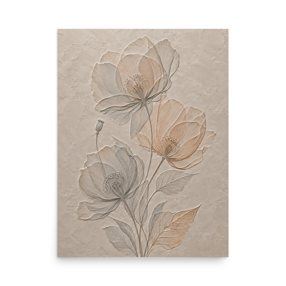 Wildflower bouquet print with embossed relief-look design on neutral beige textured background