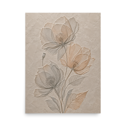 Wildflower bouquet print with embossed relief-look design on neutral beige textured background