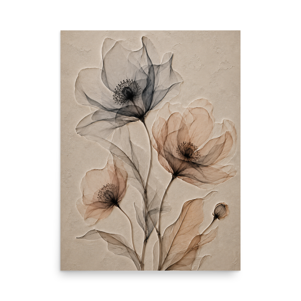 Wildflower trio print with embossed relief-look design in charcoal and clay tones on beige textured background