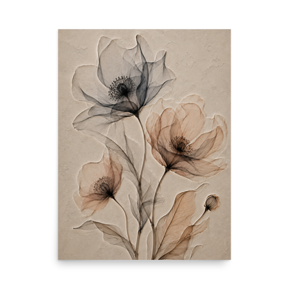 Wildflower trio print with embossed relief-look design in charcoal and clay tones on beige textured background