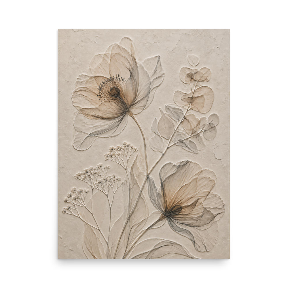 Botanical study print with embossed relief-look design in warm sepia tones on beige textured background