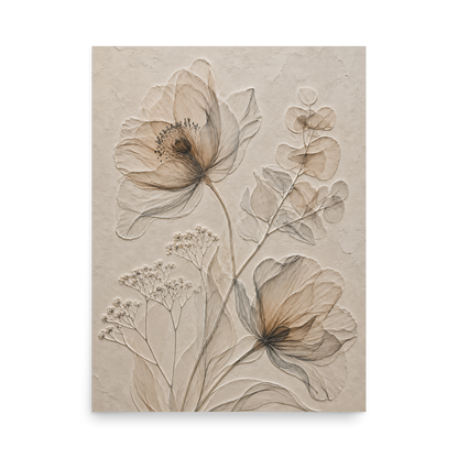 Botanical study print with embossed relief-look design in warm sepia tones on beige textured background