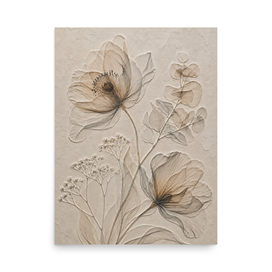 Botanical study print with embossed relief-look design in warm sepia tones on beige textured background