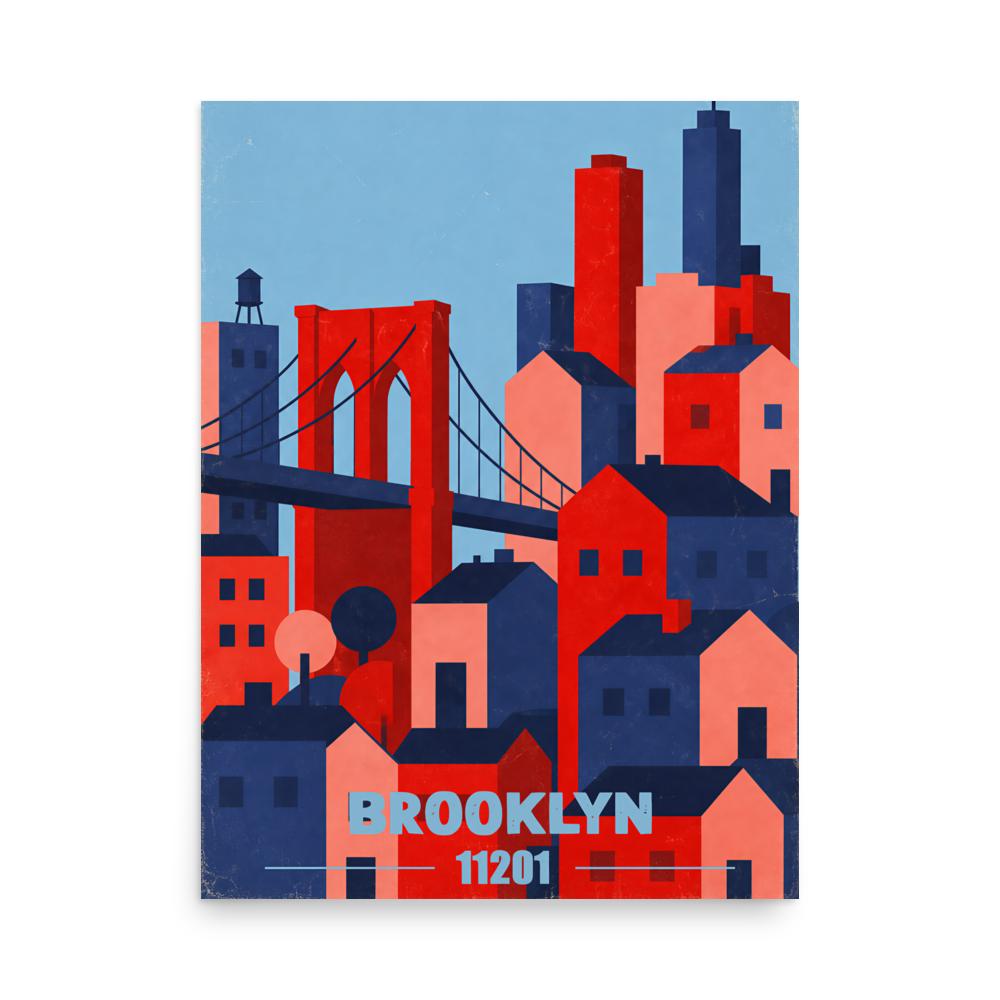 Brooklyn Bridge retro travel poster print, 11201 zip code wall art, unframed