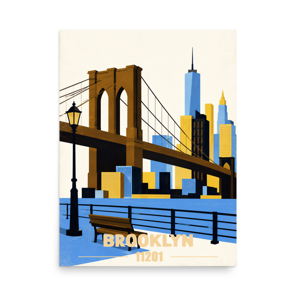Brooklyn Heights Promenade retro travel poster print, 11201 zip code wall art, unframed