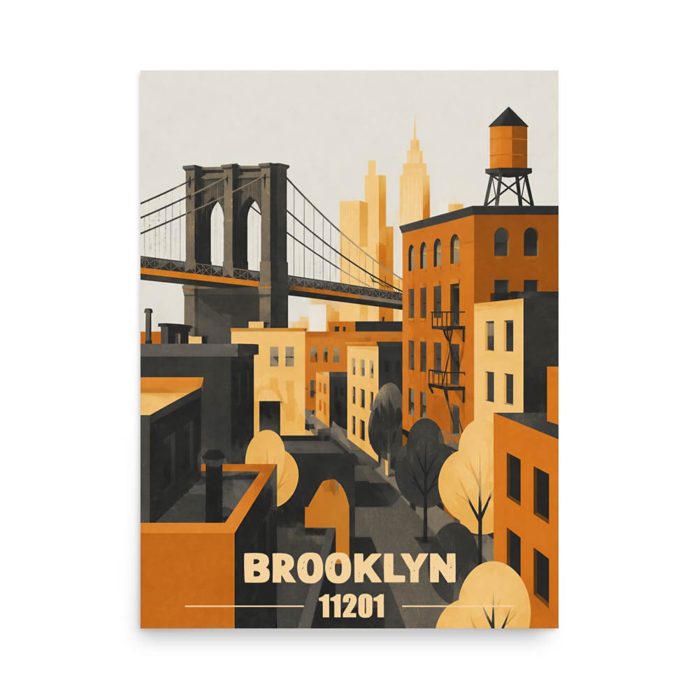 Brooklyn fire escape retro travel poster print, 11201 zip code wall art, unframed