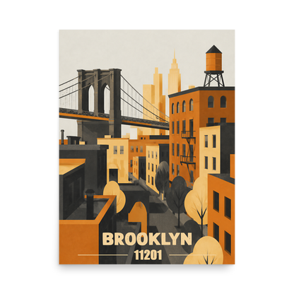 Brooklyn fire escape retro travel poster print, 11201 zip code wall art, unframed