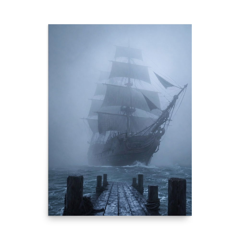 Ghost ship emerging from fog at dawn, dark moody coastal wall art print, JMTR Jeometry Store