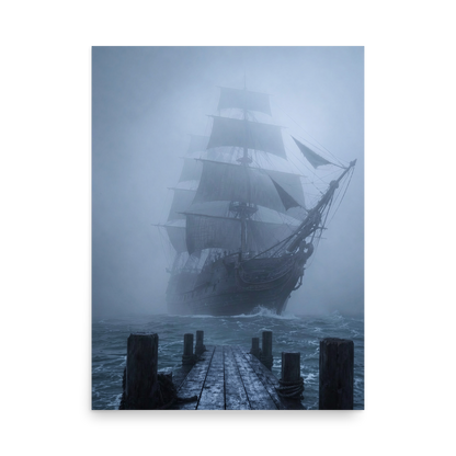 Ghost ship emerging from fog at dawn, dark moody coastal wall art print, JMTR Jeometry Store