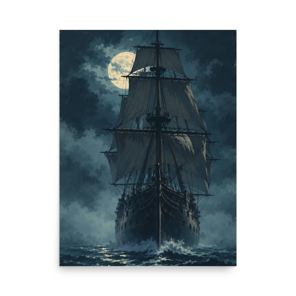 Tall ship sailing under full moon at night, vintage atmospheric nautical wall art print, JMTR Jeometry Store